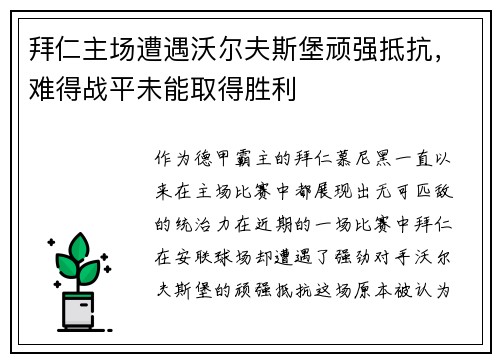 拜仁主场遭遇沃尔夫斯堡顽强抵抗，难得战平未能取得胜利